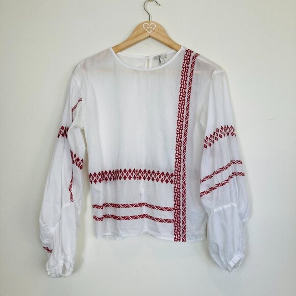 Joie Boho White Semi-Sheer Button-Back Bishop-Sleeved Embroidered Peasant top - Picture 4 of 10